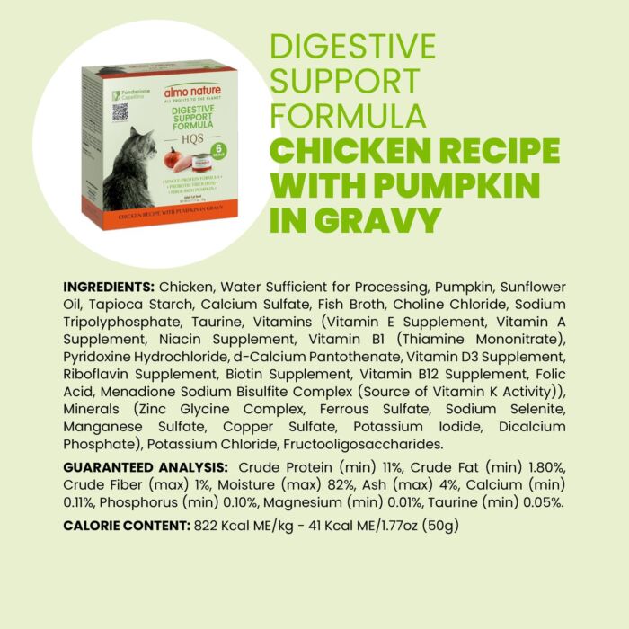 Almo Nature Cat Can - HQS Digestive Support - Chicken with Pumpkin in Gravy 6x50g