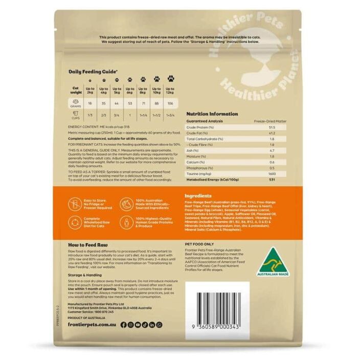 Frontier Pets Cat Food - Freeze Dried Raw Free Range Beef