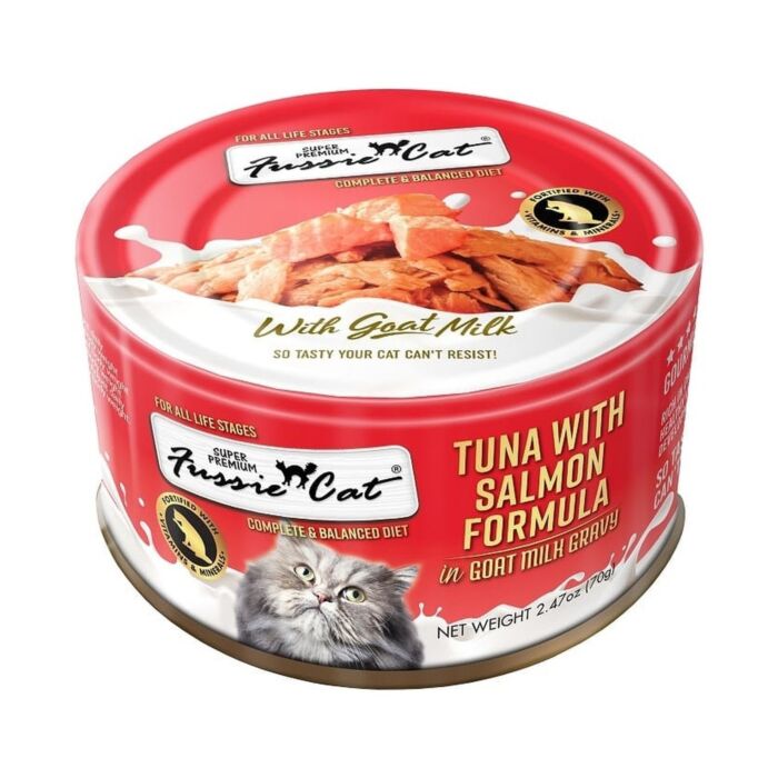 Fussie Cat 高竇貓濕糧 - 極品吞拿魚三文魚山羊奶湯汁 70g