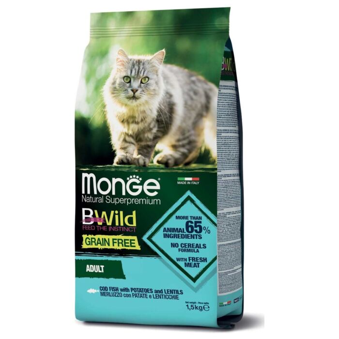 MONGE BWild 貓乾糧 - 無穀物 - 鱈魚、土豆、扁豆 1.5kg