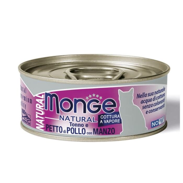 MONGE Cat Can - Natural - Tuna and Chicken Breast Flakes with Beef 80g