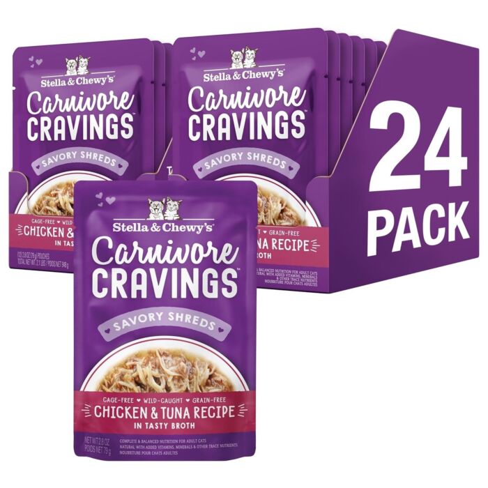 Stella & Chewys Cat Pouch - Carnivore Cravings - Salmon Tuna & Mackerel Shred in Broth 2.8oz