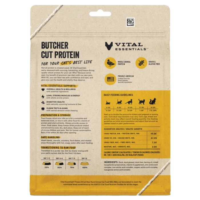Vital Essentials Cat Food - Freeze-Dried Mini Nibs - Duck