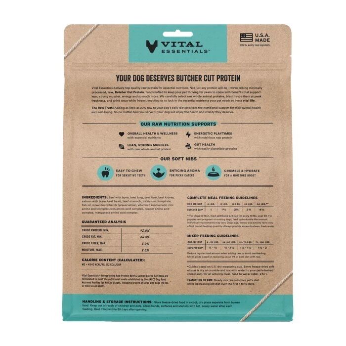 Vital Essentials Dog Food - Freeze-Dried Soft Nibs - Beef & Salmon 14oz