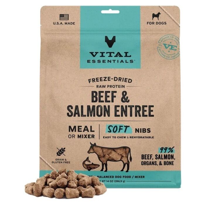 Vital Essentials Dog Food - Freeze-Dried Soft Nibs - Beef & Salmon 14oz