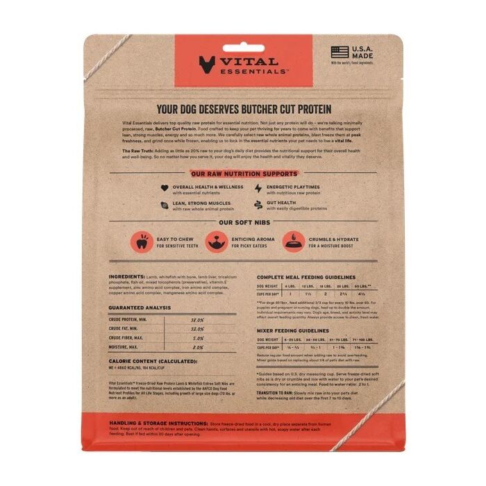 Vital Essentials Dog Food - Freeze-Dried Soft Nibs - Lamb & Whitefish 14oz