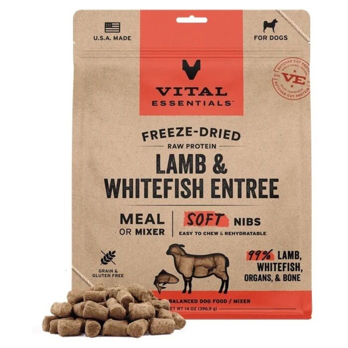 Vital Essentials Dog Food - Freeze-Dried Soft Nibs - Lamb & Whitefish 14oz