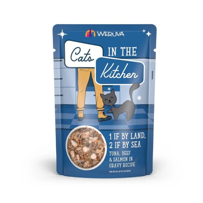 Weruva Cat Pouch - Cats in the Kitchen - 1 If By Land, 2 If By Sea - Tuna Beef & Salmon in Gravy 3oz | 85g