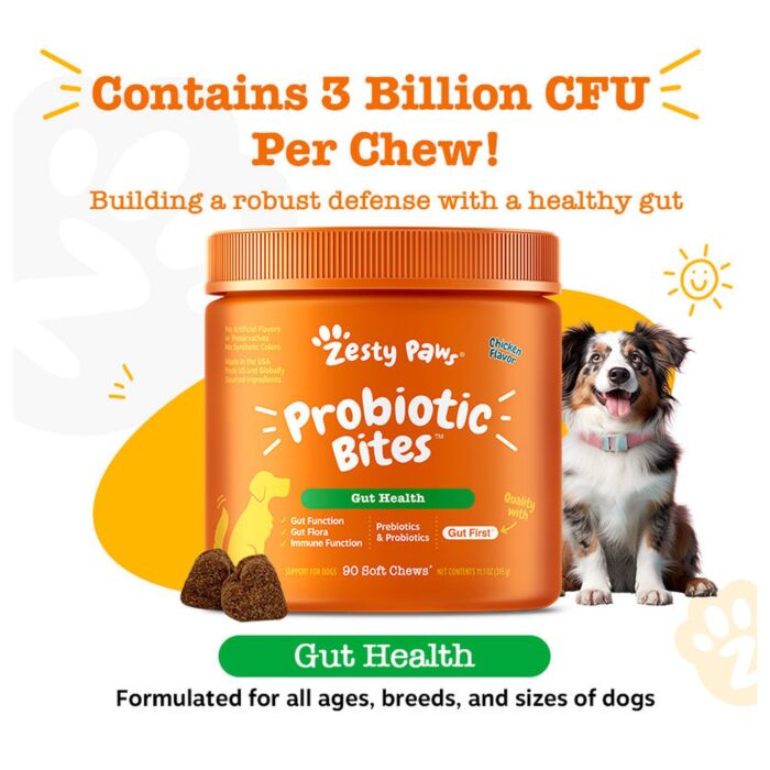 Zesty Paws Dog Supplement - Probiotic Bites Gut Health - Chicken Flavor 315g (90 chews)