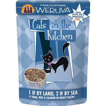 WERUVA Cat Pouch - CITK Grain Free 1 If By Land, 2 If By Sea with Tuna Beef & Salmon in Gravy 3oz