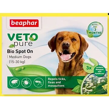Beaphar VETO Pure Bio Spot On for Medium Dogs 15-30kg - Repels Fleas & Ticks & Mosquitos