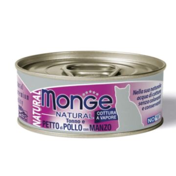 MONGE Cat Canned Food - Natural - Tuna and Chicken Breast Flakes with Beef 80g