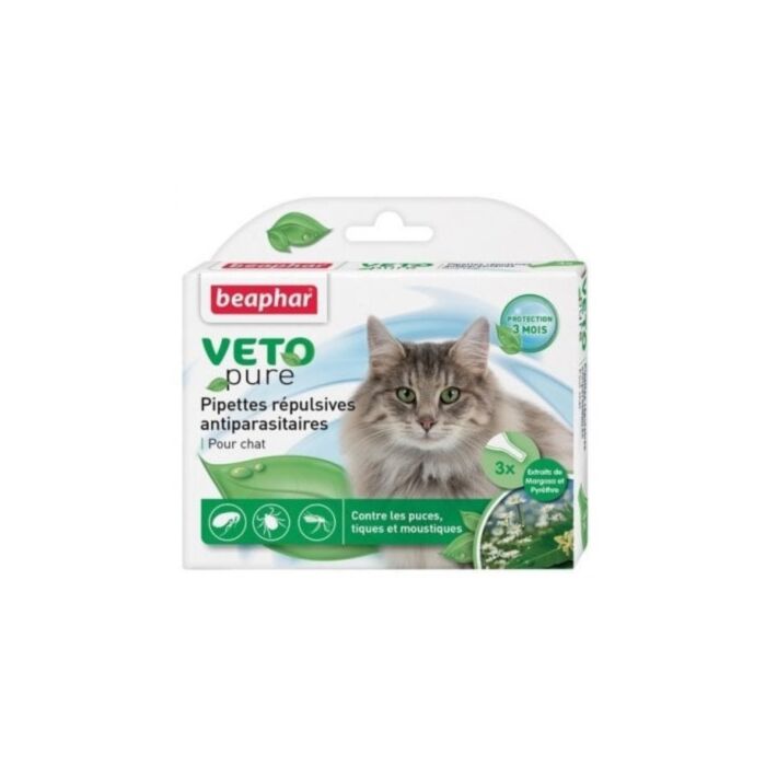 Beaphar VETO Pure Bio Spot On for Cats - Repels Fleas Ticks & Mosquitoes - 3 Applications