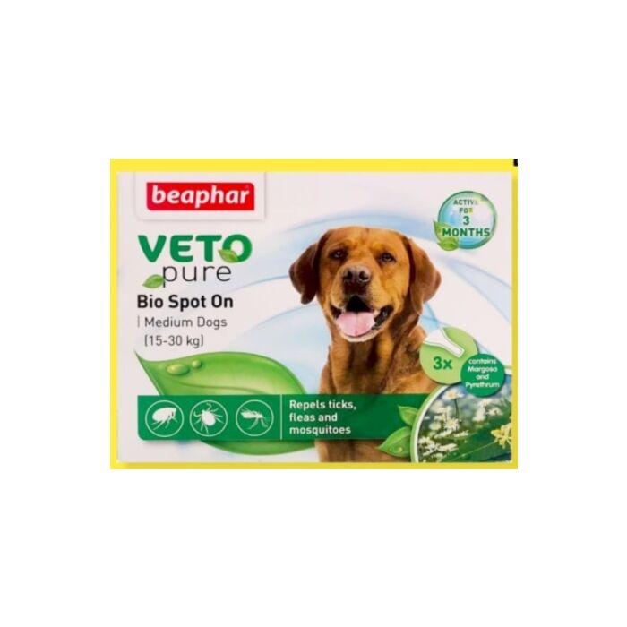 Beaphar VETO Pure Bio Spot On for Medium Dogs 15-30kg - Repels Fleas & Ticks & Mosquitos