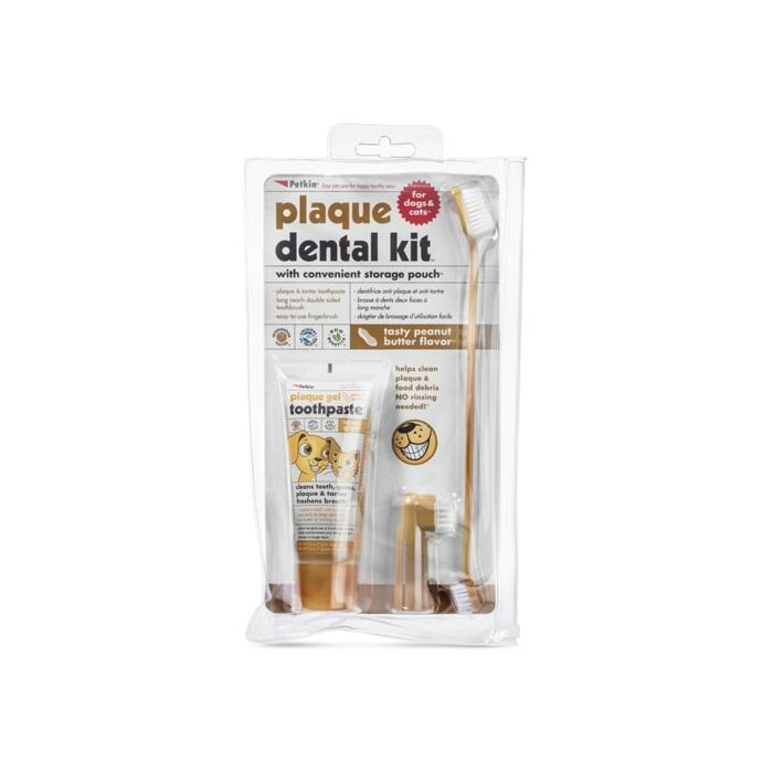 Petkin Plaque Dental Kit - Peanut Butter Gel Toothpaste And Brushes