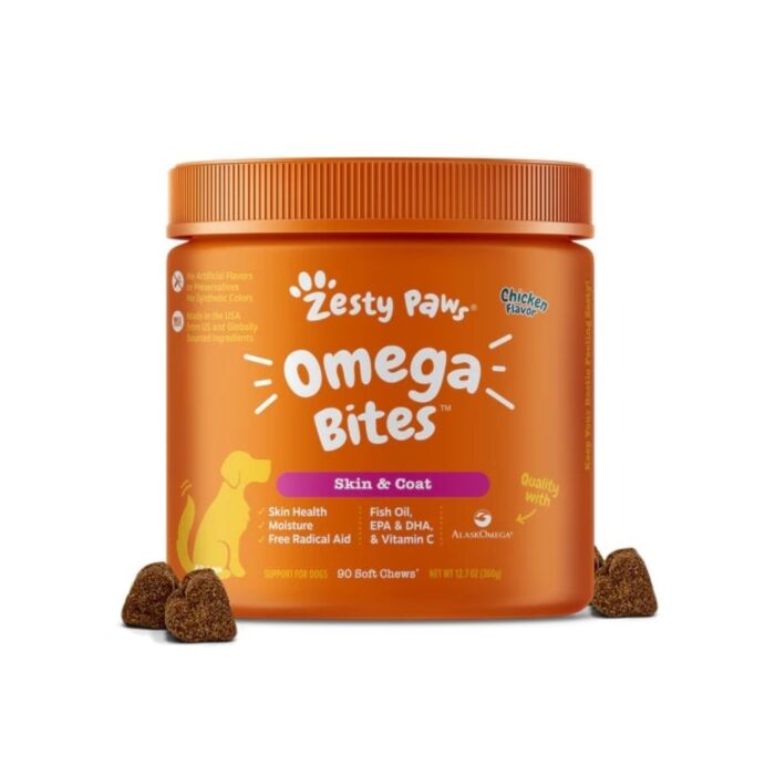 Zesty Paws Dog Supplement - Omega Bites Skin & Coat Care - Chicken Flavor 90 chews