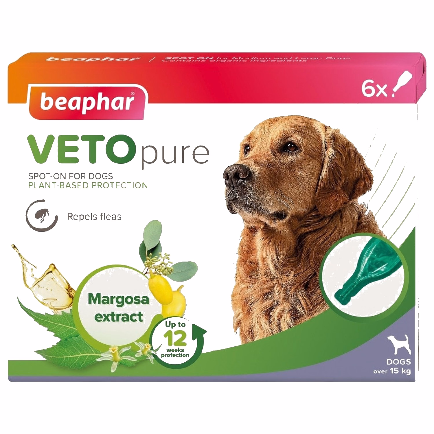 Beaphar VETO Pure Spot On with Margosa extract for Dogs over 15kg | 6 Pipettes
