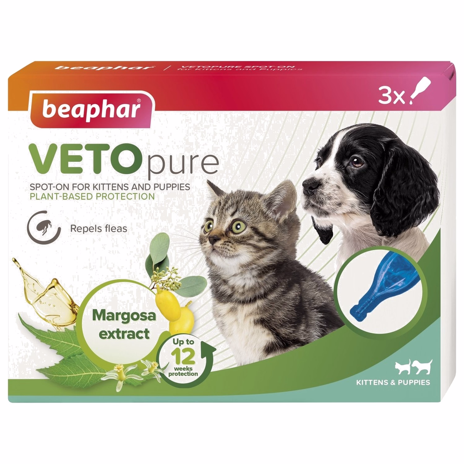 Beaphar VETOpure 天然跳蚤、蜱蟲及蚊子驅蟲點滴劑適用於小狗及小貓 - 3個吸管 | 植物基保護