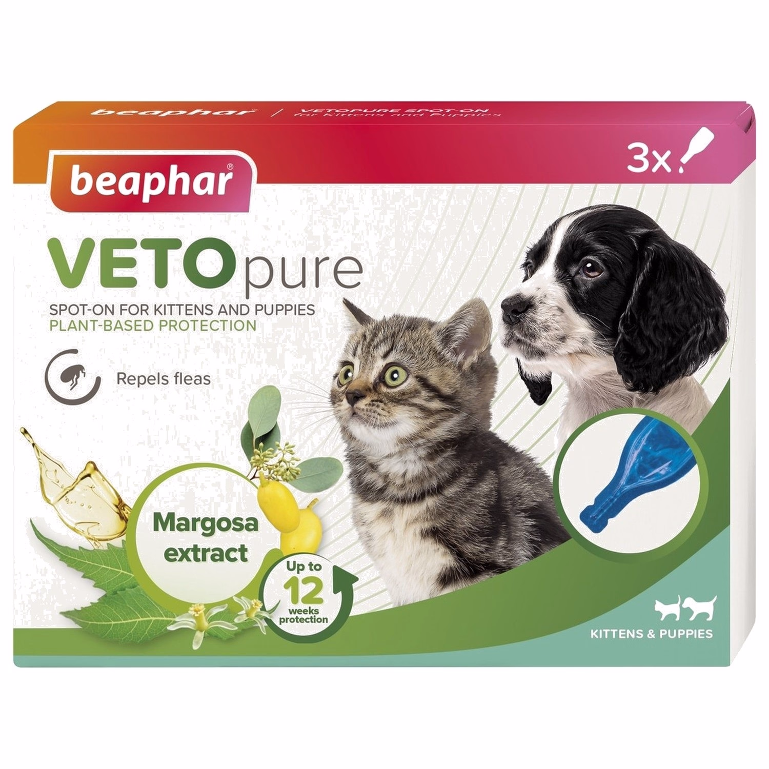 Beaphar VETOpure 天然跳蚤、蜱蟲及蚊子驅蟲點滴劑適用於小狗及小貓 - 3個吸管 | 植物基保護