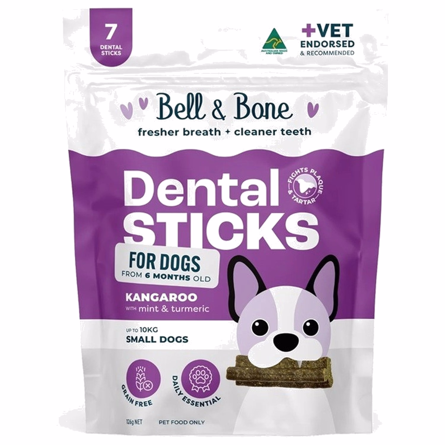 Bell & Bone 狗小食 - 袋鼠肉+薄荷薑黃天然潔齒棒 7條
