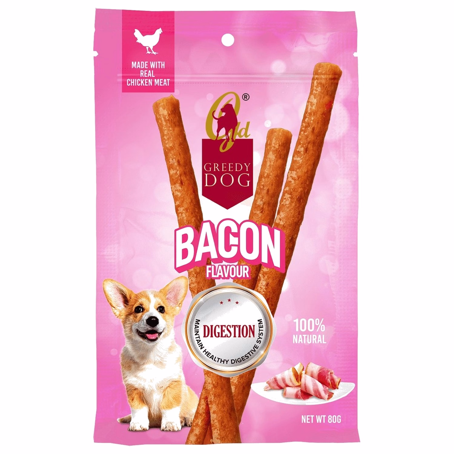 Greedy Dog Treat - Digestion Chicken Stick - Bacon Flavor 80g