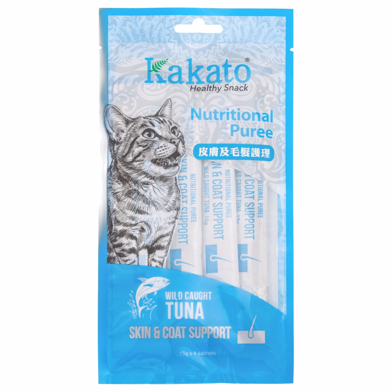 Kakato Cat Treat - Nutritional Puree - Skin & Coat Support (Wild-caught Tuna) 15g x 4