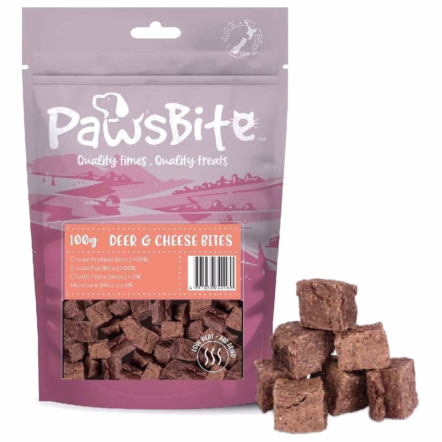 PawsBite 新西蘭貓狗小食 - 風乾脫水 - 芝士鹿肉粒 100g