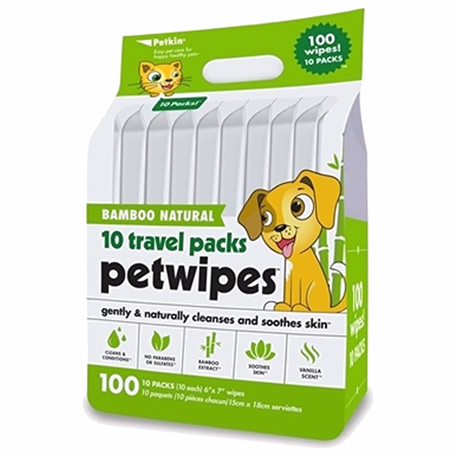 Petkin Bamboo Natural Petwipes (Travel Pack) 6"x7" (10 packs x 10 each)