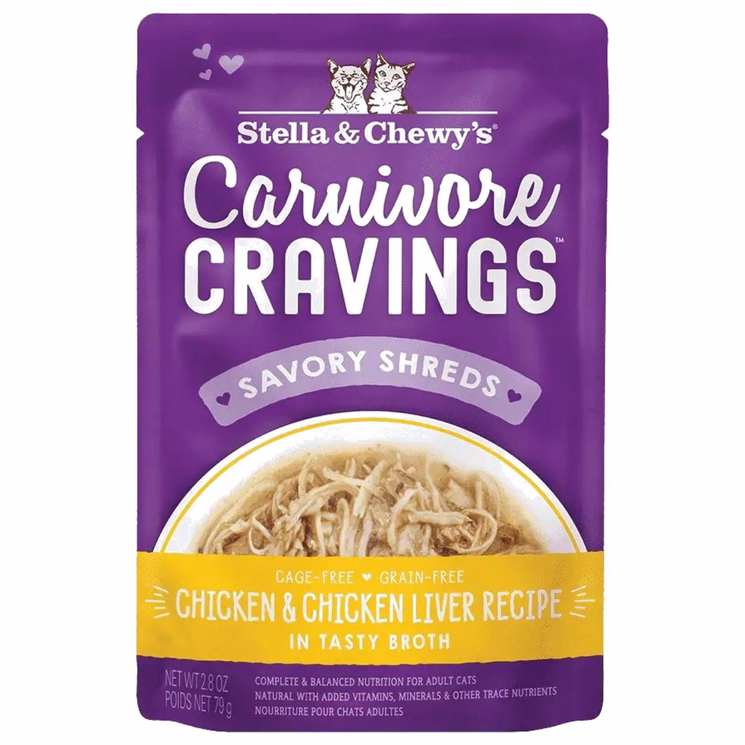 Stella & Chewys Cat Pouch - Carnivore Cravings - Chicken & Chicken Liver Shred in Broth 2.8oz - EXP 11-10-2026