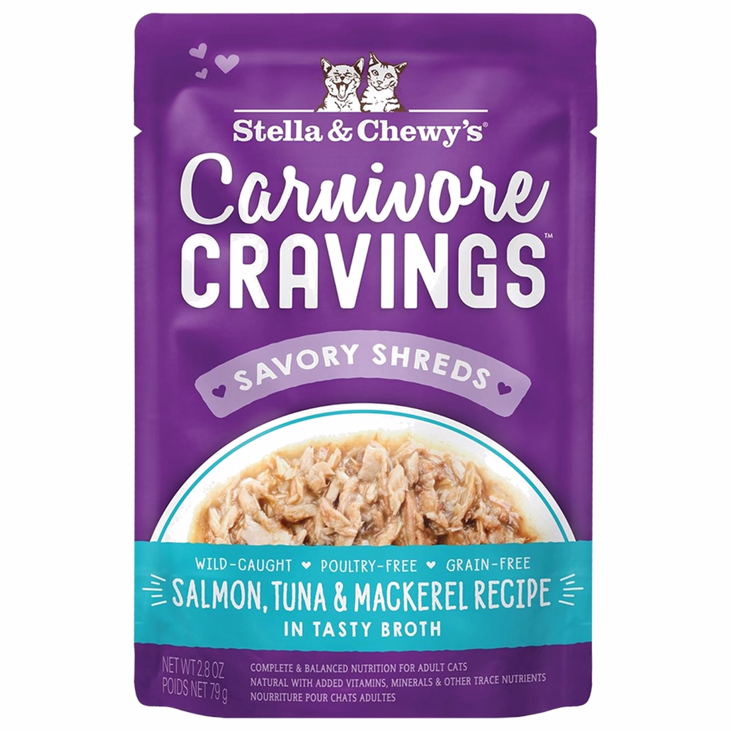 Stella & Chewys Cat Pouch - Carnivore Cravings - Salmon Tuna & Mackerel Shred in Broth 2.8oz