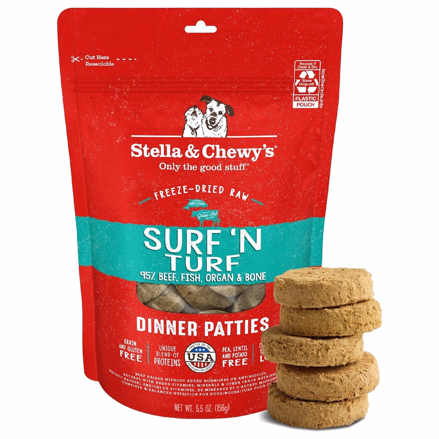 Stella & Chewys Dog Food - Freeze Dried Dinner Patties - Surf N Turf 5.5oz - EXP 16-12-2026