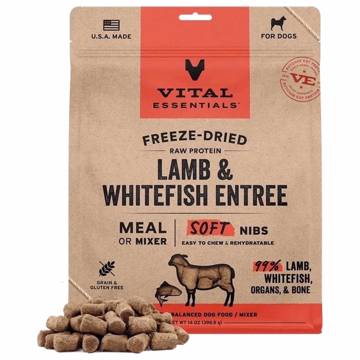 Vital Essentials Dog Food - Freeze-Dried Soft Nibs - Lamb & Whitefish 14oz