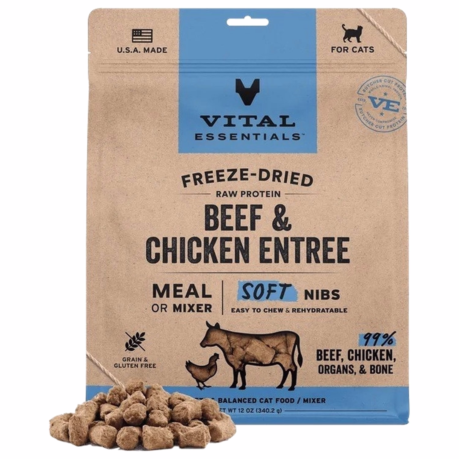 Vital Essentials Cat Food - Freeze-Dried Soft Nibs - Beef & Chicken 12oz