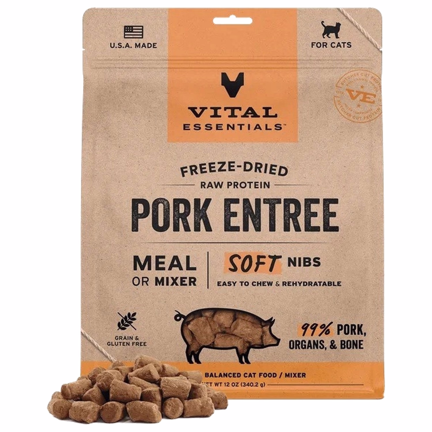Vital Essentials Cat Food - Freeze-Dried Soft Nibs - Pork 12oz