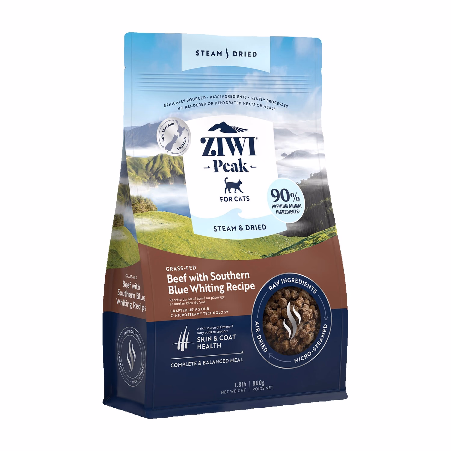 Ziwipeak Cat Food - Steam & Dried - Grain Free Beef Southern Blue Whiting Recipe
