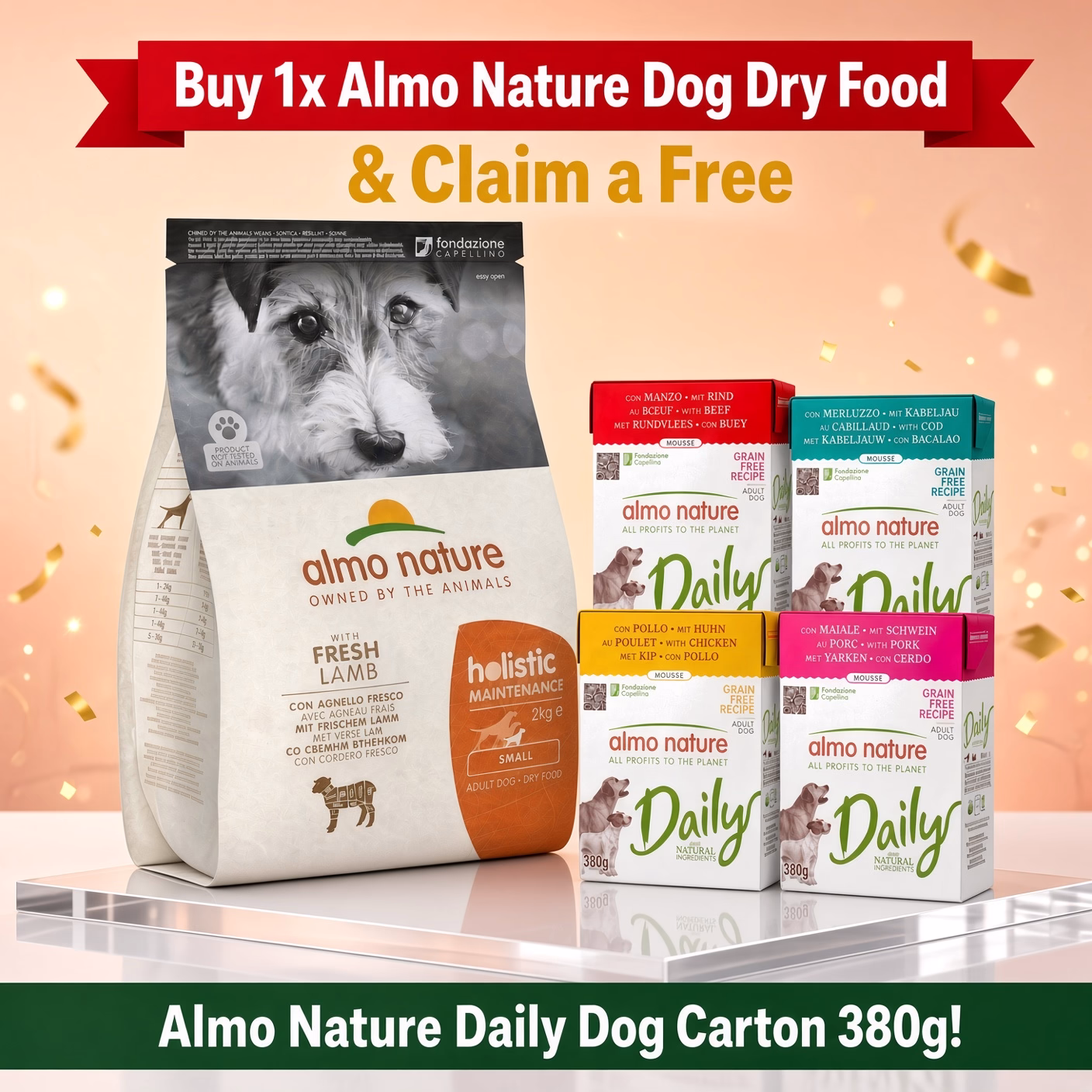 Buy Almo Nature dog dry food & claim free Daily Dog cartons (1 per bag, max 6)!