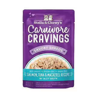 Stella & Chewys Cat Pouch - Carnivore Cravings - Salmon Tuna & Mackerel Shred in Broth 2.8oz