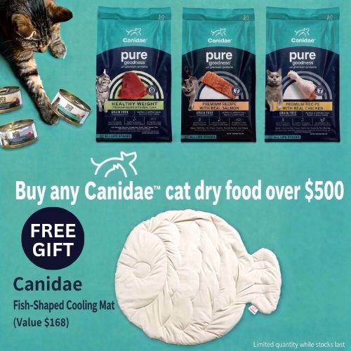 Buy any Canidae cat dry food over $500 — free Canidae fish-shaped cooling mat