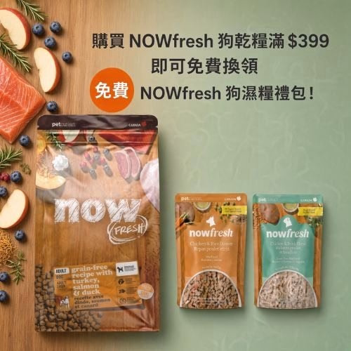 購買 NOWfresh 狗乾糧滿 $399 即可免費換領 NOWfresh 狗濕糧禮包!