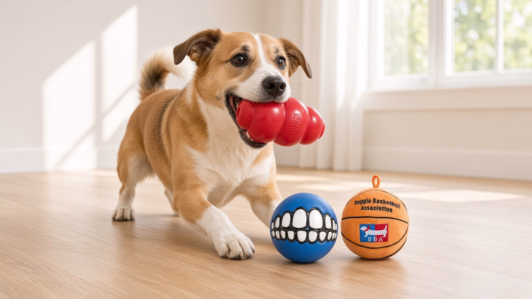 Dog at home with a KONG Classic, ROGZ Grinz ball and Doggie Goodie basketball